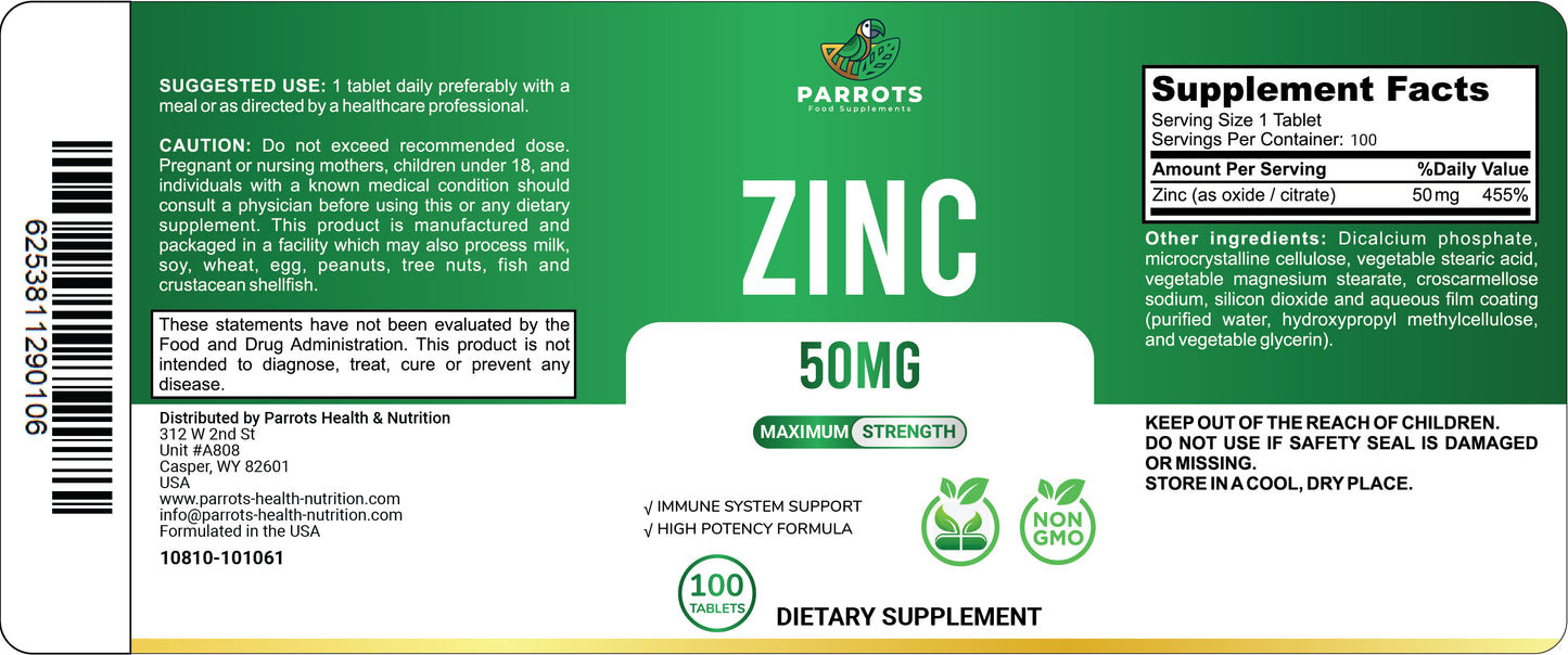 Parrots Zinc 50 mg 100 Tablets