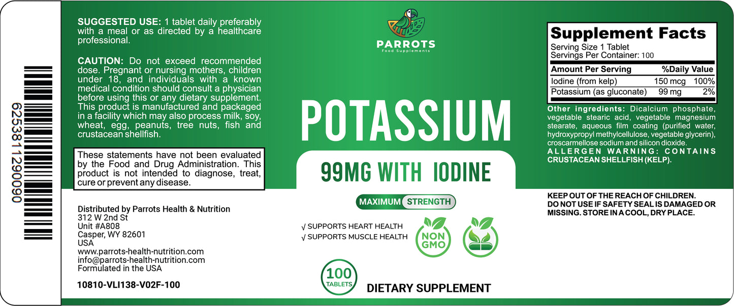 Parrots Potassium 99 mg 100 Tablets with Iodine